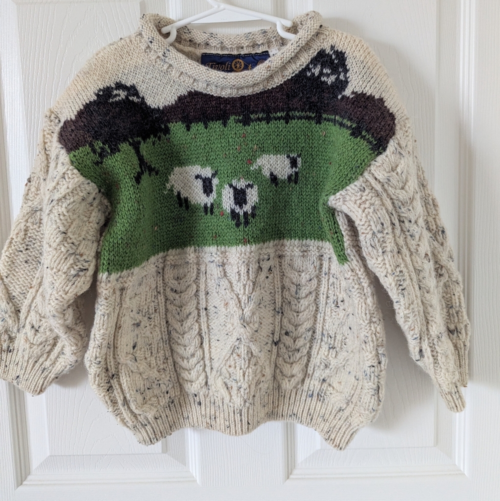 Tivoli Aran Wool Sweater with Green and Cream Accents